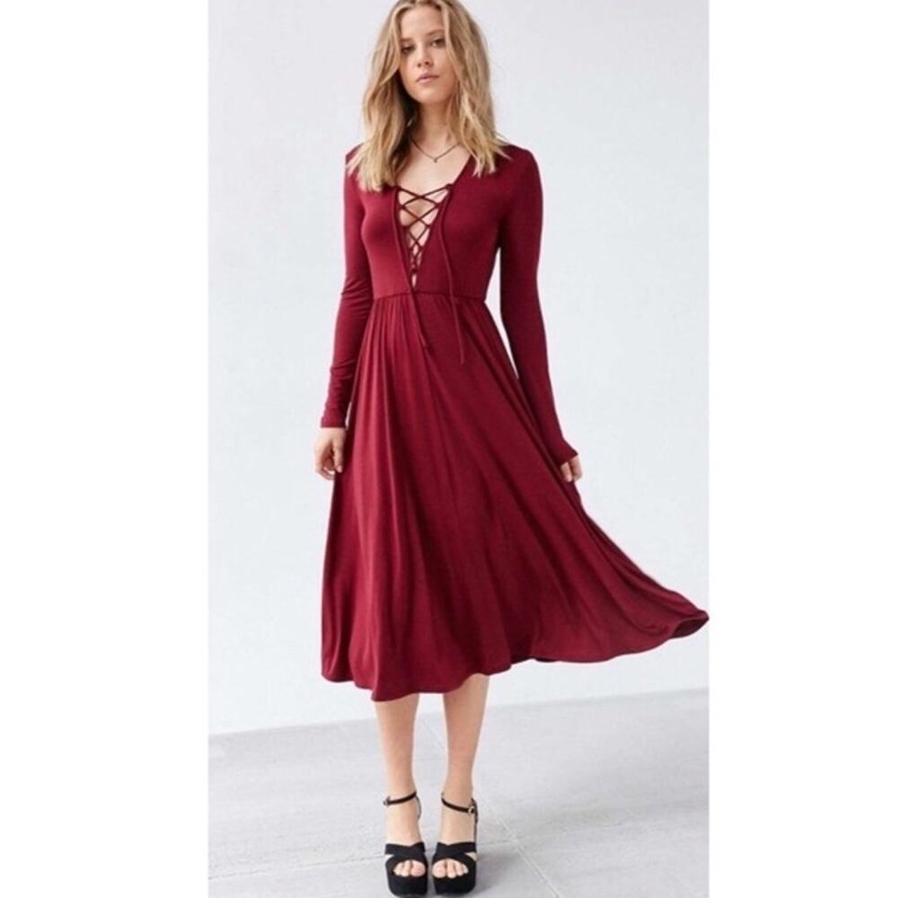 Urban Outfitters Ecote Burgundy Lace Up Midi Dress S | Whimsigoth Cottagecore
